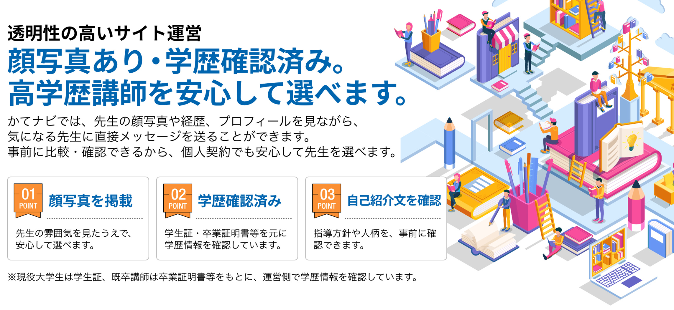 顔写真あり・学歴確認済み。高学歴講師を安心して選べます。