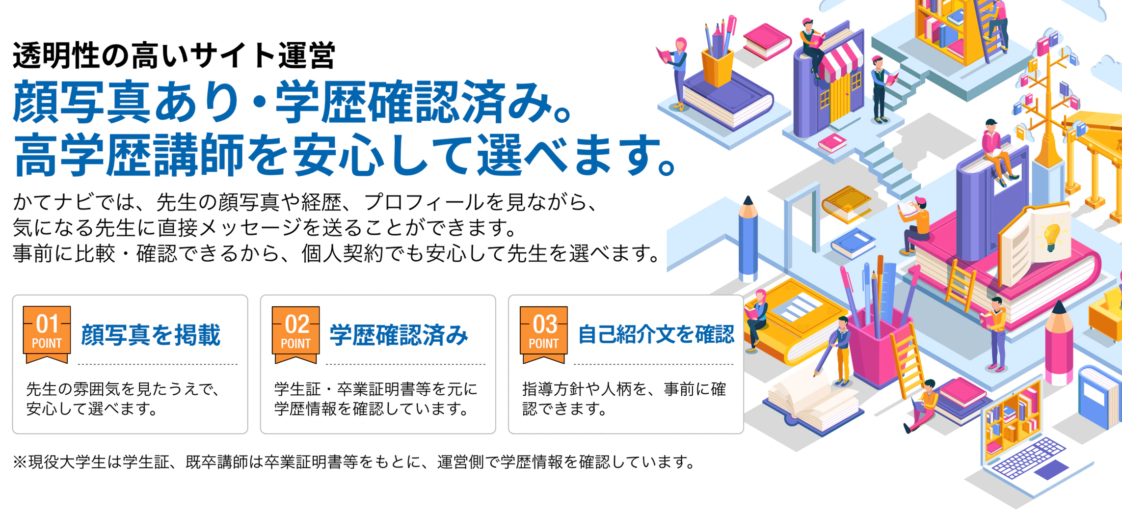 顔写真あり・学歴確認済み。高学歴講師を安心して選べます。