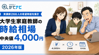 代替テキスト: 大学生家庭教師の時給相場は中央値4,000円|かてナビ実講師266人を集計